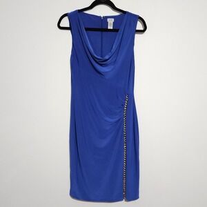 Cache Dress Size M Sleeveless Knee Length Royal Blue Gold Chain Ruched Party